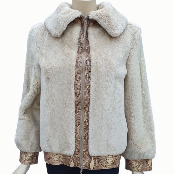 Sepia-Dyed Sheared Beaver Fur Jacket w/ Snake-Skin Embossed Leather Trim - Small